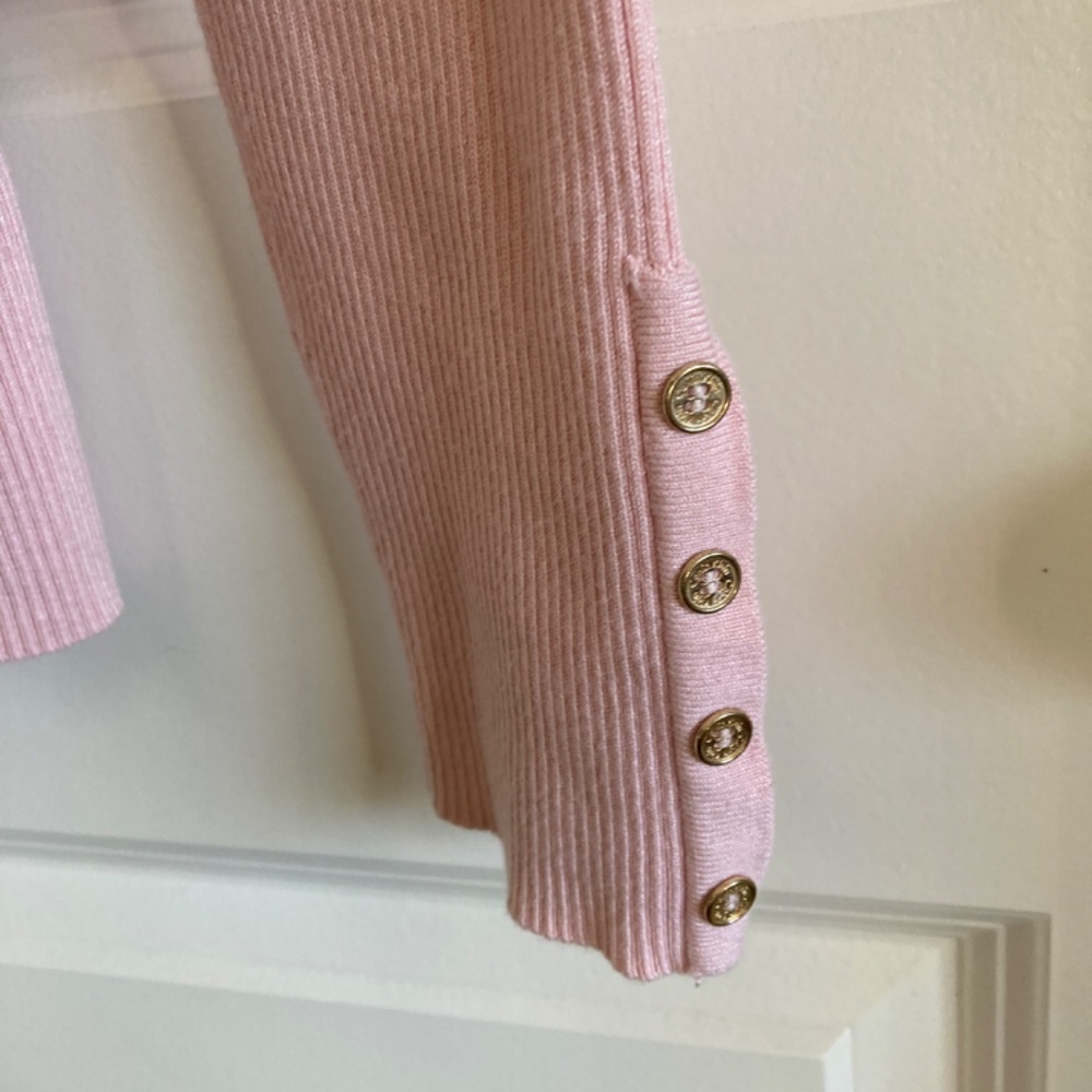Calvin Klein Ribbed Pastel Pink Turtleneck with Gold Buttons - Picture 3 of 5
